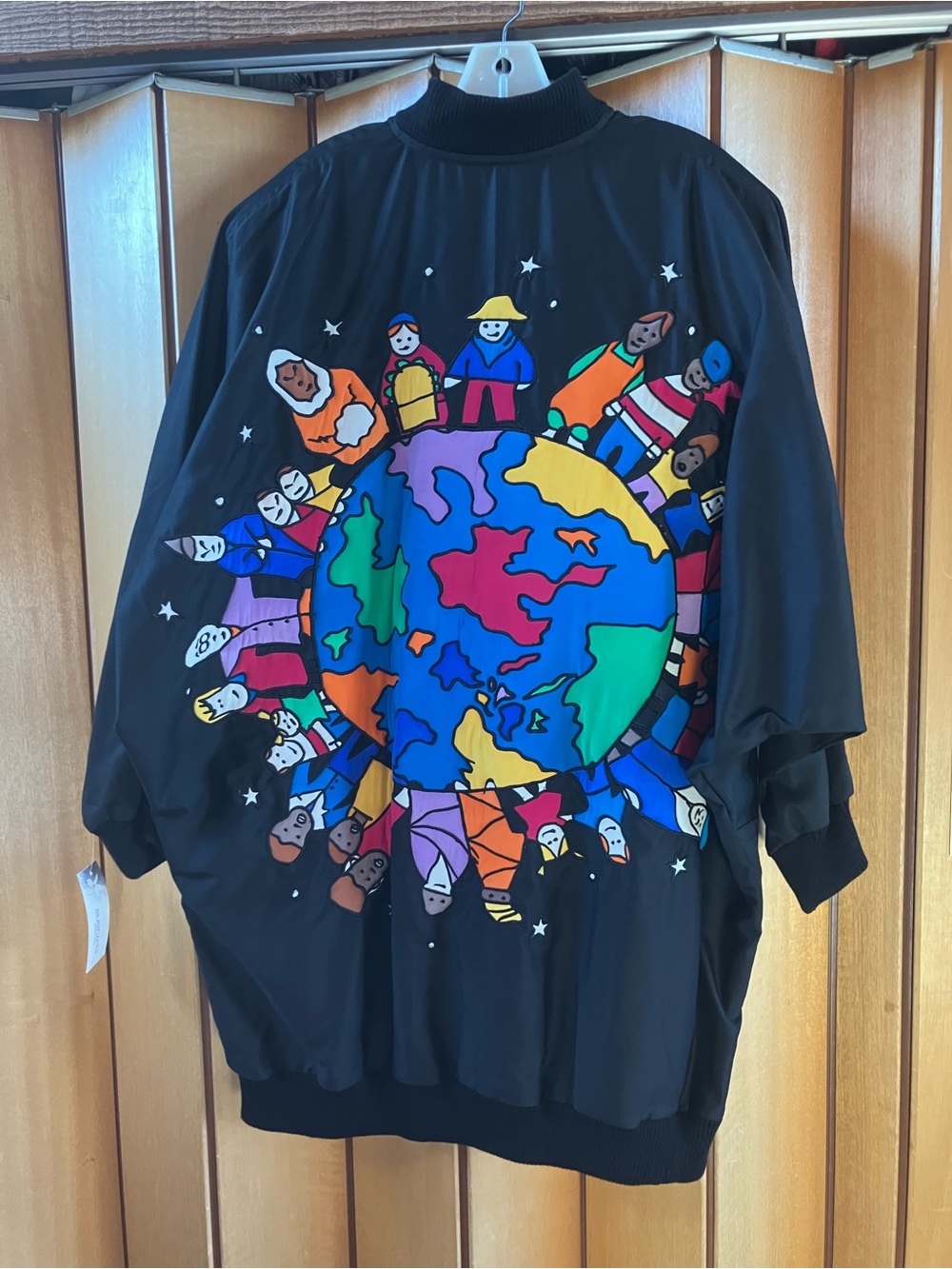 Vtg 80s SilkScapes Oversized Bomber Jacket NWT People of the World Silk Appliqué